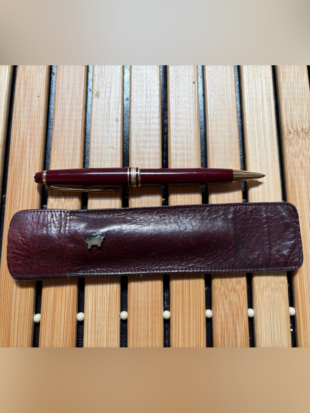 Montblanc Meisterstuck Burgandy Pen with Vintage Leather Sleeve by Braun Buffel